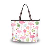 SyXIOP Simpatico rosa fenicottero fiori in tessuto di seta con cerniera tote bag borse comode per le donne 2025 per tutti i giorni e viaggi, Simpatici fiori rosa fenicottero, Medium