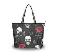 SyXIOP Teschio e Rosa Nero San Valentino tessuto di seta con cerniera borse eleganti borse per le donne sotto per tutti i giorni e viaggi, Teschio e Rosa Nero San Valentino, Medium