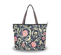 SyXIOP William Morris Style Floral Blue Peach tessuto di seta con cerniera borse a tracolla riutilizzabili da donna per tutti i giorni e viaggi, William Morris Style Floral Blu Scuro Pesca, Large