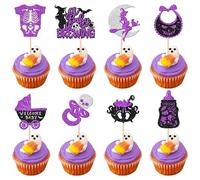 Syzplnwy 48 decorazioni per torte a forma di carrozza viola glitterata per Halloween, baby shower, rivelazioni di genere e feste di compleanno