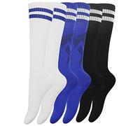 SZCXDKJ Confezione da 3 calzini da calcio per bambini, calzini elasticizzati a compressione a righe alte al ginocchio per ragazzi e ragazze (nero, bianco e blu)