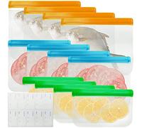 SZCXDKJ Sacchetti riutilizzabili in silicone + etichette per congelatore, sacchetti per alimenti a prova di perdite, con tripla cerniera, confezione da 12