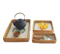 SZETOSY - Vassoio da portata in rattan con inserto in madreperla, confezione da 3 cestini rettangolari decorativi bohémien, per colazione, piatti da portata per pane, frutta, cibo, caffè