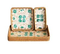 SZETOSY - Vassoio da portata in rattan con inserto in madreperla, confezione da 3 cestini rettangolari in stile bohémien, decorativi, per pane, frutta, cibo, caffè, trifoglio