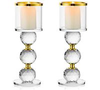 Sziqiqi Portacandele a Colonna in Cristallo, Set di 2 Candelieri in Vetro Trasparente, Candelabri Centro Tavola Moderno per Soggiorno Matrimonio Porta Candele per Decorazione Natalizia, Oro
