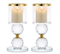 Sziqiqi Portacandele a Colonna in Cristallo, Set di 2 Candelieri in Vetro Trasparente, Candelabri Centro Tavola Moderno per Soggiorno Matrimonio Porta Candele per Decorazione Natalizia, Oro