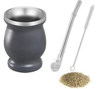SZKKQKJ Set da Tè Mate Con Tazza, Cannuccia e Spazzola per la Pulizia - Grigio