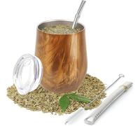 SZKKQKJ Tazza da tè Mate, a doppia parete, resistente al calore, in acciaio inox, con coperchio senza BPA, colore legno, due cannucce e spazzola per la pulizia