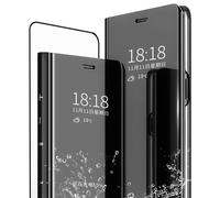 SZMLOGB MLOTECH - Cover per Samsung Galaxy S21, custodia + vetro temperato pellicola protettiva Flip Clear View traslucida specchio Cover Standing 360°, antiurto Smart Cover Bumper Nero
