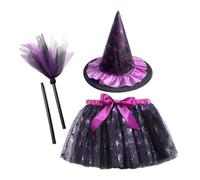 SZRXKJ Costume da strega per bambini, gonna tutu con motivo a pipistrello e cappello da strega in bacchetta magica nera e viola inclusa (nero, L)