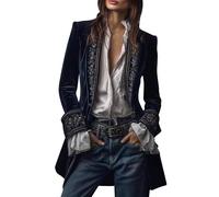 szvbofueck Giacca lunga da donna, in velluto, lunghezza media, per le mezze stagioni, vintage, a maniche lunghe, in pile, sfoderata, alla moda, per il tempo libero, con motivo per taglie grandi, Blu