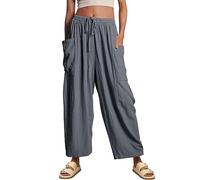 szvbofueck Pantaloni in lino, da donna, a vita alta, larga, traspiranti, in tinta unita, elasticizzati, per il tempo libero, con coulisse e tasche, S-3Xl, grigio., 3XL