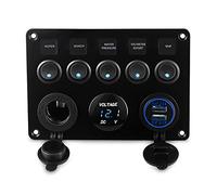 Szwaldaper Herorider Doppia Presa USB Caricabatterie Voltmetro 12V Presa di Corrente 5 Gang ON OFF Pannello Interruttore a Levetta, for Auto Barca Marina RV Camion Pannello interruttori marini(Blue)