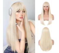 T-color Parrucca bionda con frangia, da donna, lunga, liscia, resistente al calore, parrucca sintetica per uso quotidiano, feste, Halloween, cosplay, 61 cm, parrucca bionda per ragazze
