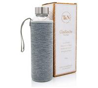 T&N Bottiglia di Vetro Classique 550ml - Custodia in Neoprene Antigoccia - con Cannuccia in Vetro Gratis per Testare - Borraccia 100% Senza BPA con Spazzola