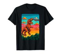 T-Rex Dinosaur aigainst UFO Tramonto Sci-Fi Art Design Maglietta
