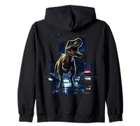 T-Rex Dinosaur Roaring City at Night Graphic Design Japanese Felpa con Cappuccio