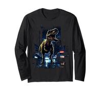 T-Rex Dinosaur Roaring City at Night Graphic Design Japanese Maglia a Manica