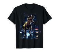T-Rex Dinosaur Roaring City at Night Graphic Design Japanese Maglietta
