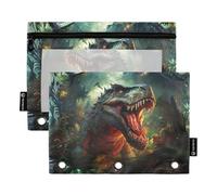 T Rex - Raccoglitore a 3 anelli con motivo dinosauro giungla, con cerniera, per scuola, tasche trasparenti per ufficio, 24,9 x 18 cm, confezione da 2