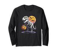 T-Rex Skeleton Haloween Night Pumpkin Bats Moon Fun Maglia a Manica