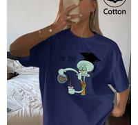 T-shirt a maniche corte da donna, girocollo, blu navy, 100% cotone, nuova di zecca (da indossare a strati o da sola). Presenta un disegno cartoon di Octopus Brother che indossa un cappello da laureato