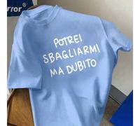 T-shirt a maniche corte da donna in 100% cotone, di colore azzurro, con slogan in italiano, nuovo stile per la primavera/estate e per tutto l'anno, abbigliamento sportivo da donna, maglietta a maniche
