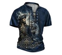 T-shirt a maniche corte da uomo, Halloween, motivo scheletro zombie o pirata, camicia medievale, vintage, collo Mao, con coulisse, per Halloween, uomo, lino, maglietta umoristica di grandi dimensioni