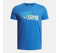 T-shirt a maniche corte Under Armour Overlay Wordmark da ragazzo Blu Atlantis / High Vis Giallo YMD (137 - 149 cm)