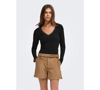 T-shirt a maniche lunghe a coste con scollo a V in pizzo Nero XL Tinta unita