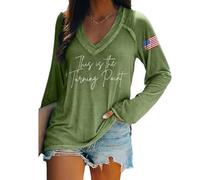 T-shirt a maniche lunghe con scollo a V retrò con stampa This is the Turning Point, maglietta a maniche lunghe con bandiera americana da donna True Patriot, Verde, L