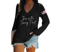T-shirt a maniche lunghe con scollo a V retrò con stampa This is the Turning Point, maglietta a maniche lunghe con bandiera americana da donna True Patriot, Nero , XL