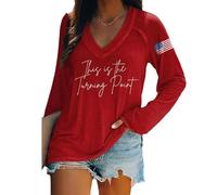 T-shirt a maniche lunghe con scollo a V retrò con stampa This is the Turning Point, maglietta a maniche lunghe con bandiera americana da donna True Patriot, Rosso, XL