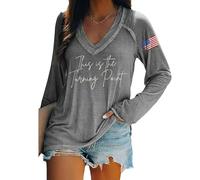 T-shirt a maniche lunghe con scollo a V retrò con stampa This is the Turning Point, maglietta a maniche lunghe con bandiera americana da donna True Patriot, grigio, M