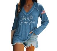 T-shirt a maniche lunghe con scollo a V retrò con stampa This is the Turning Point, maglietta a maniche lunghe con bandiera americana da donna True Patriot, Blu, XL