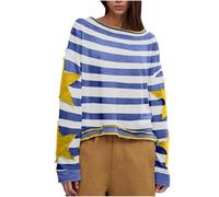 T-shirt a maniche lunghe da donna Top oversize con stampa a righe Pullover con scollo a barca con motivo a stella Maniche patchwork casual T-shirt larghe T-shirt leggere autunno primavera, Blu, XL