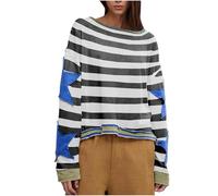 T-shirt a maniche lunghe da donna Top oversize con stampa a righe Pullover con scollo a barca con motivo a stella Maniche patchwork casual T-shirt larghe T-shirt leggere autunno primavera, Nero , M