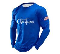 T-shirt a maniche lunghe di Natale da uomo T-shirt stampata con lettera di Natale Oversize Babbo Natale O Neck Felpa Classico Costume Girocollo Renna, Blu, L
