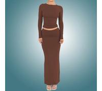 T-shirt A Maniche Lunghe Girocollo Tinta Unita Da Donna E Gonna A Coda Di Pesce Set Da Due Pezzi L,M,S,XL,XSColore unicoPoliestere