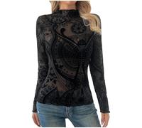 T-shirt a maniche lunghe per ragazze adolescenti leggermente trasparente in pizzo con collo a lupetto pullover top moda casual slim fit magliette autunno primavera leggera base layer t-shirt camicetta