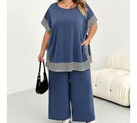 T-shirt a righe con toppe + pantaloni da donna taglie forti, set a 2 pezzi blu con inserti a righe, set casual a 2 pezzi con pantaloni taglie forti 5XL,6XL,7XL,8XLA strisceTessuto intrecciato
