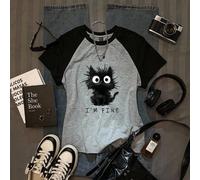 T-shirt aderente da donna a maniche corte con collo rotondo, grafica minimalista di un gatto nero e lettera scritta a mano, adatta per l'estate L,M,S,XL,XS,XXL,XXSTessuto in maglia