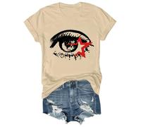 T-shirt alla moda con stampa a occhi grandi, maglietta alla moda Y2K, stampa con occhi grandi, scollo rotondo, vestibilità ampia, streetwear estivo, unisex, top casual, abbigliamento all'aperto, cachi