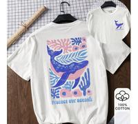 T-shirt ampia da donna per l'estate, stampa di balena e oceano, in cotone, maniche corte bianche, t-shirt grafica, Capodanno cinese, Capodanno lunare, Anno del Cavallo, Festa di Primavera, Buon Anno N