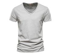 T-shirt basic slim fit da uomo moda casual tinta unita cotone scollo a V manica corta maglietta top per interni ed esterni passeggiate sport vita quotidiana, Grigio, 3XL