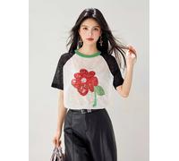 T-shirt Bianca Con Fiore Rosso Paillettes E Maniche Raglan Nere CF47262