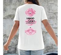 T-shirt bianca da donna a maniche corte e scollo tondo, in 100% cotone, con la scritta "CONSIDER THE WILDFLOWERS" stampata sul retro, abbinata a vivaci motivi di fiori selvatici e con il testo di Luca