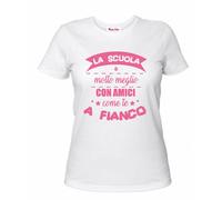 t-shirt bianca donna scritta scuola e meglio con amici come te regalo compagna