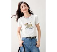 T-Shirt Bianca Ricamo Cane Casual Estiva Girocollo Giovane CF47260