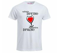 t-shirt bianca uomo scritta simpatica sabato di vino domenica divano regalo